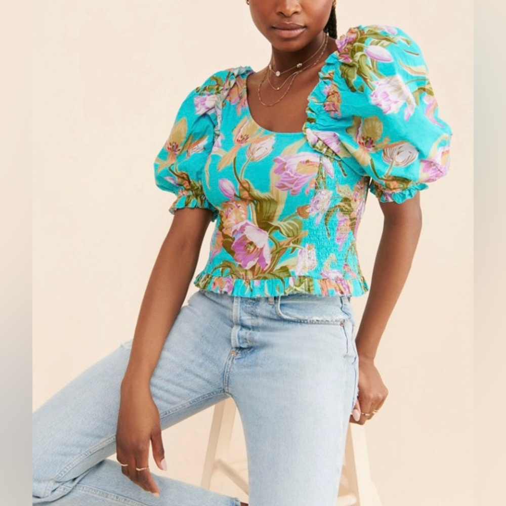 NWT Anthropologie Love The Label Turquoise Cotton Floral Print Blouse Size Small